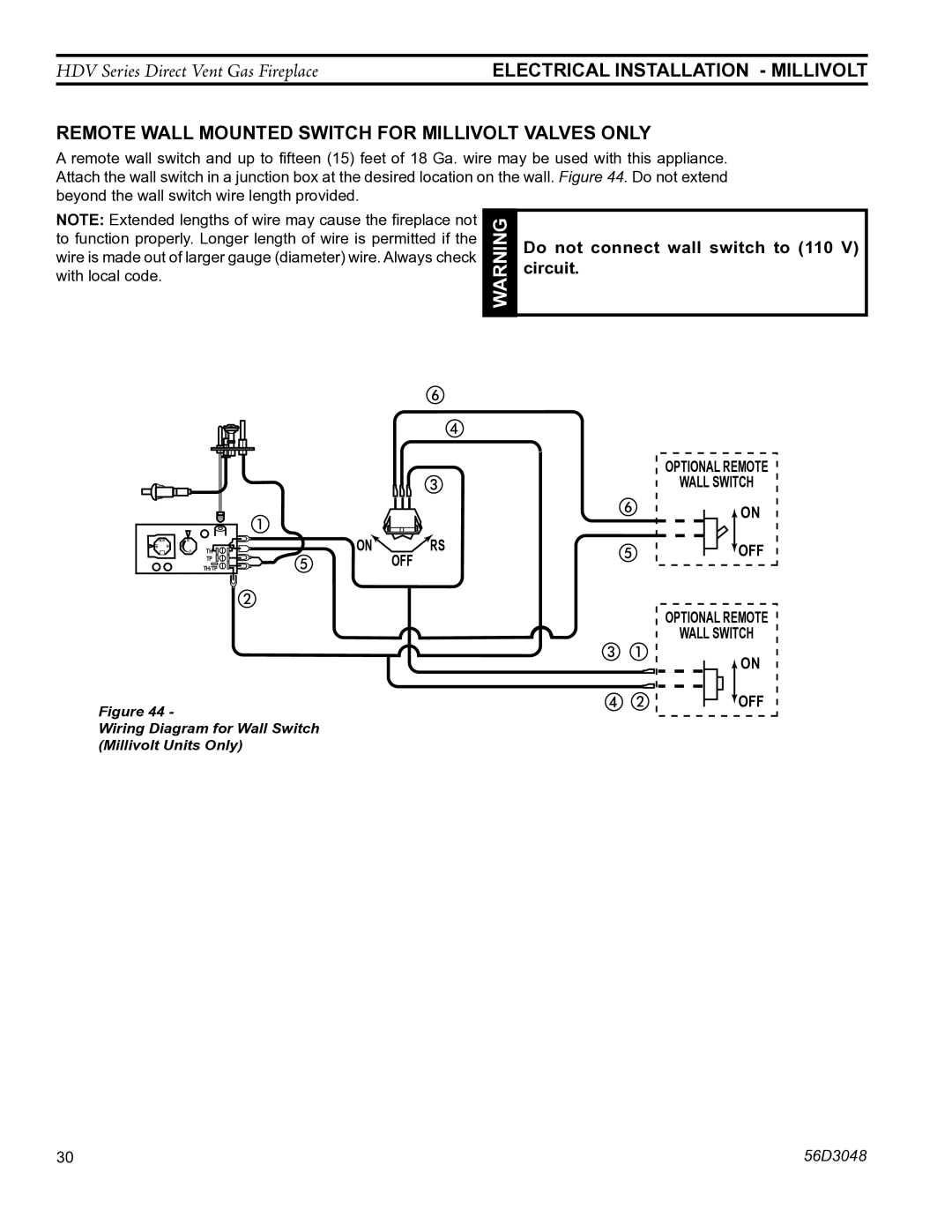 Monessen Hearth HDV500NV/PV manual Electrical installation millivolt, Remote Wall mounted Switch for millivolt valves only 