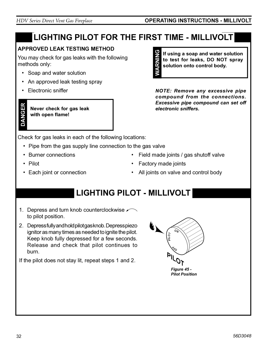 Monessen Hearth HDV500NV/PV manual Approved leak testing method, Never check for gas leak, With open flame 