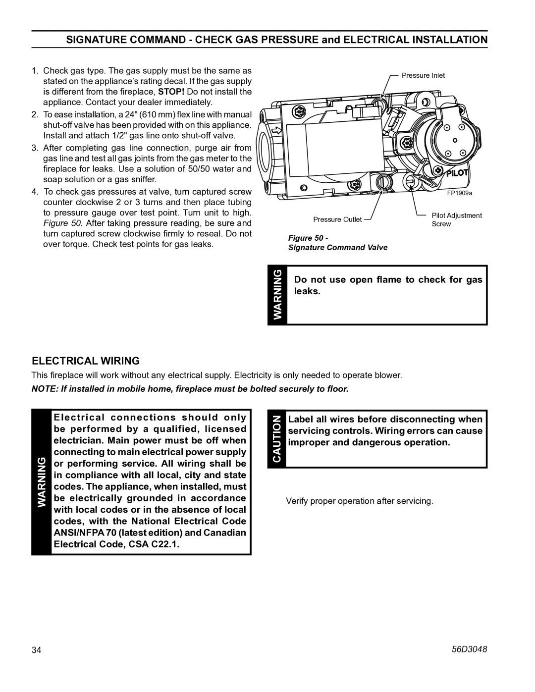 Monessen Hearth HDV500NV/PV manual Do not use open flame to check for gas leaks, Label all wires before disconnecting when 