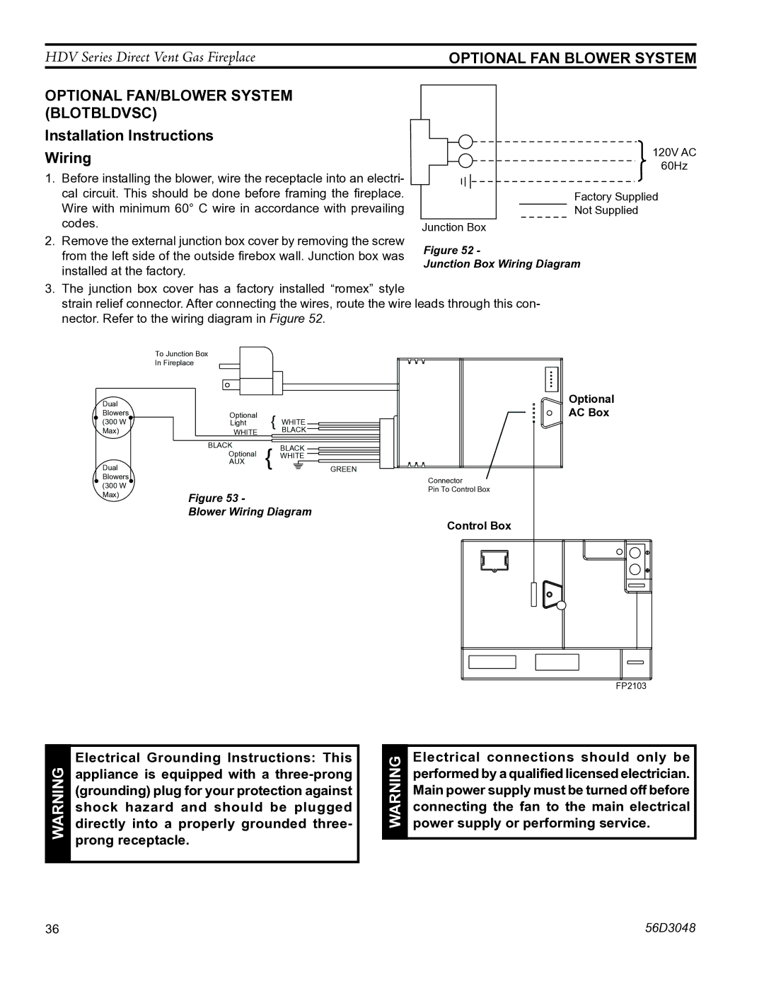 Monessen Hearth HDV500NV/PV manual Optional FAN Blower System, AC Box 