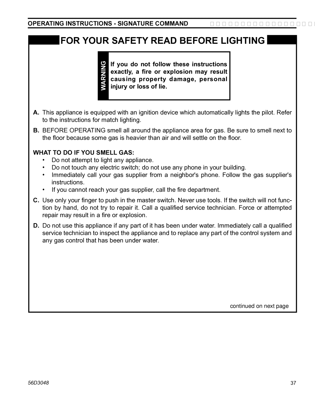 Monessen Hearth HDV500NV/PV manual Operating Instructions Signature Command, What to do if YOU Smell GAS 