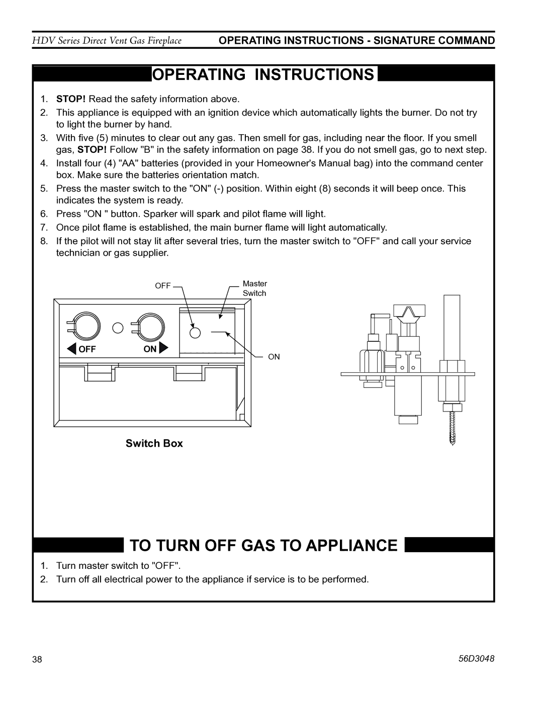 Monessen Hearth HDV500NV/PV manual OPERATing Instructions, Switch Box 