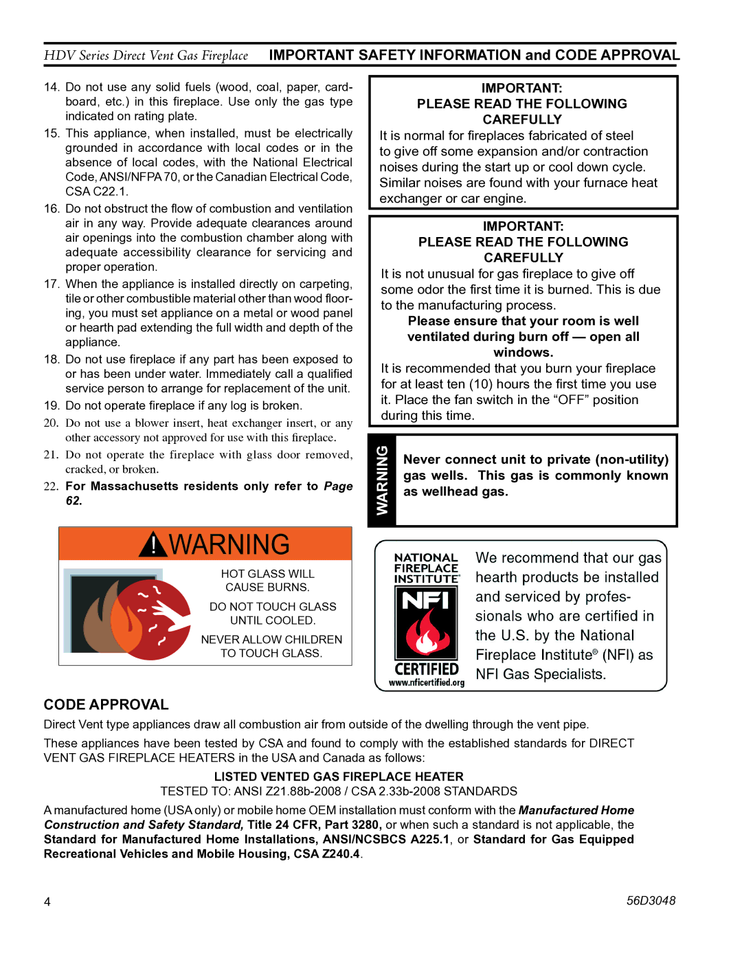 Monessen Hearth HDV500NV/PV manual Code Approval, Never connect unit to private non-utility, As wellhead gas 