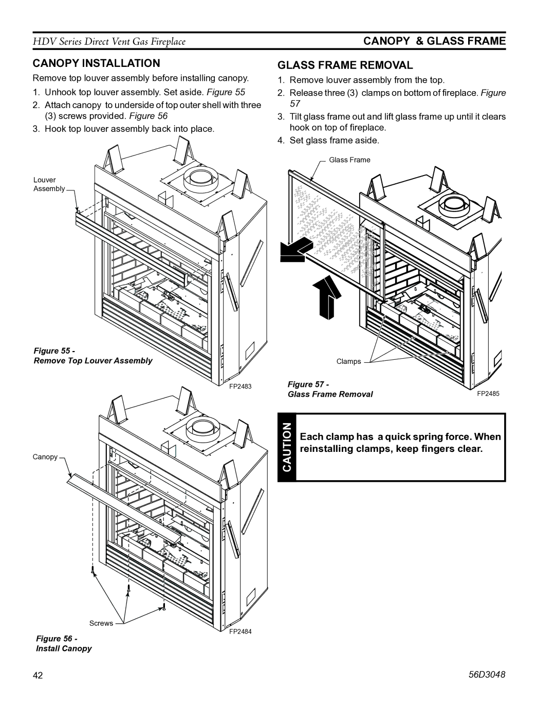 Monessen Hearth HDV500NV/PV manual Canopy Installation, Canopy & Glass Frame, Glass Frame Removal 