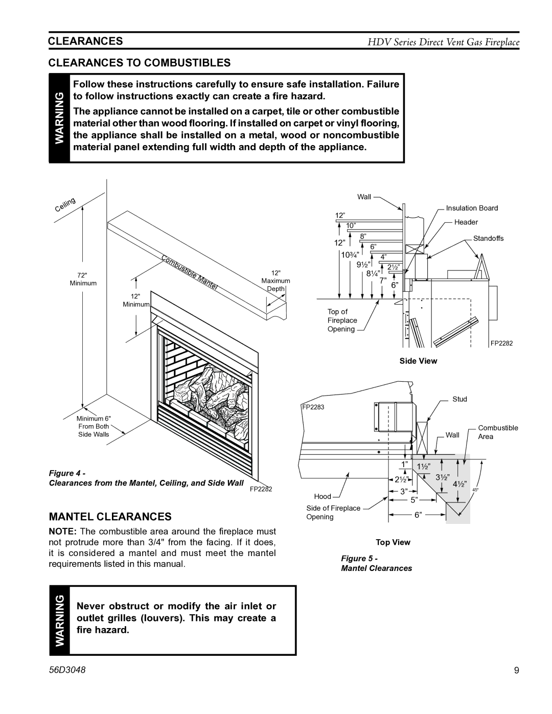 Monessen Hearth HDV500NV/PV manual Clearances to combustibles, Mantel clearances 