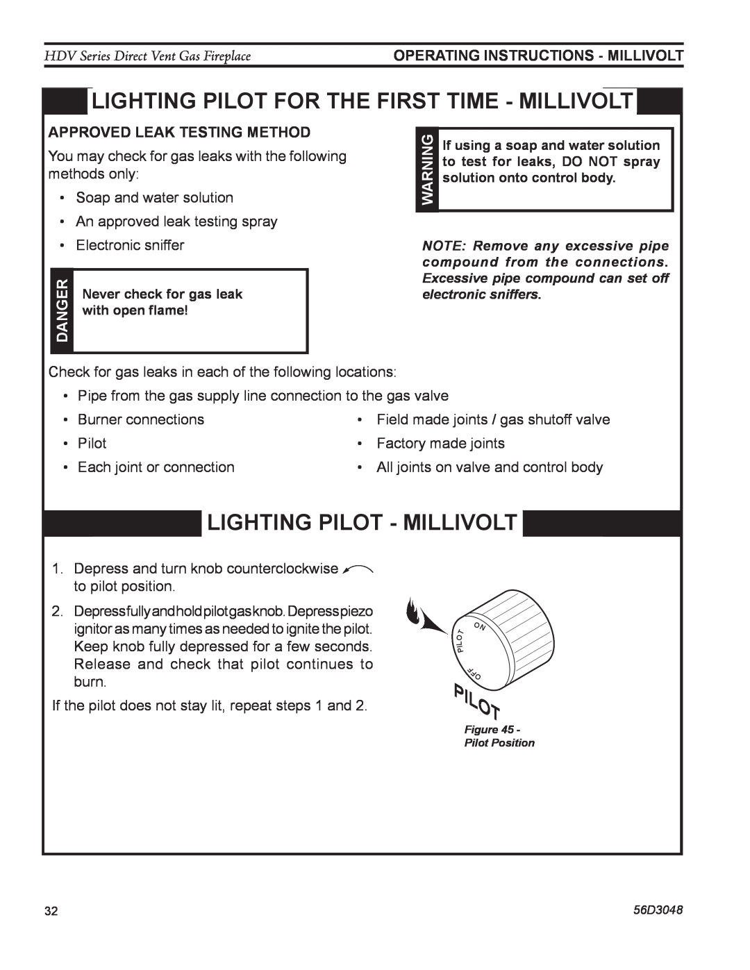 Monessen Hearth HDV500NV/PV manual Lighting pilot for the first time - millivolt, Lighting pilot - millivolt, Pilot 