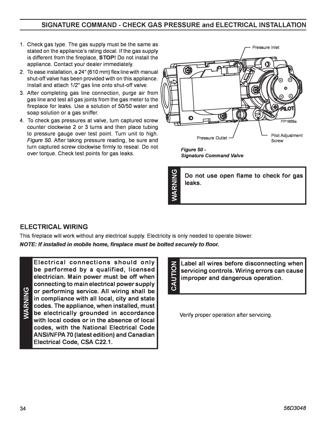 Monessen Hearth HDV500NV/PV manual Electrical Wiring, Do not use open flame to check for gas leaks 