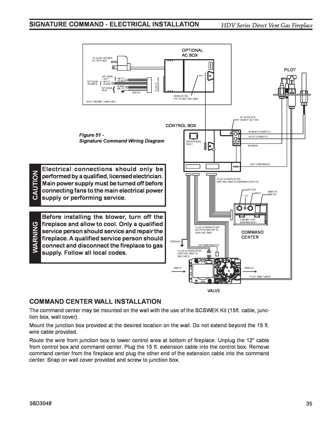 Monessen Hearth HDV500NV/PV Signature Command - Electrical Installation, Warning Caution, Command Center Wall Installation 