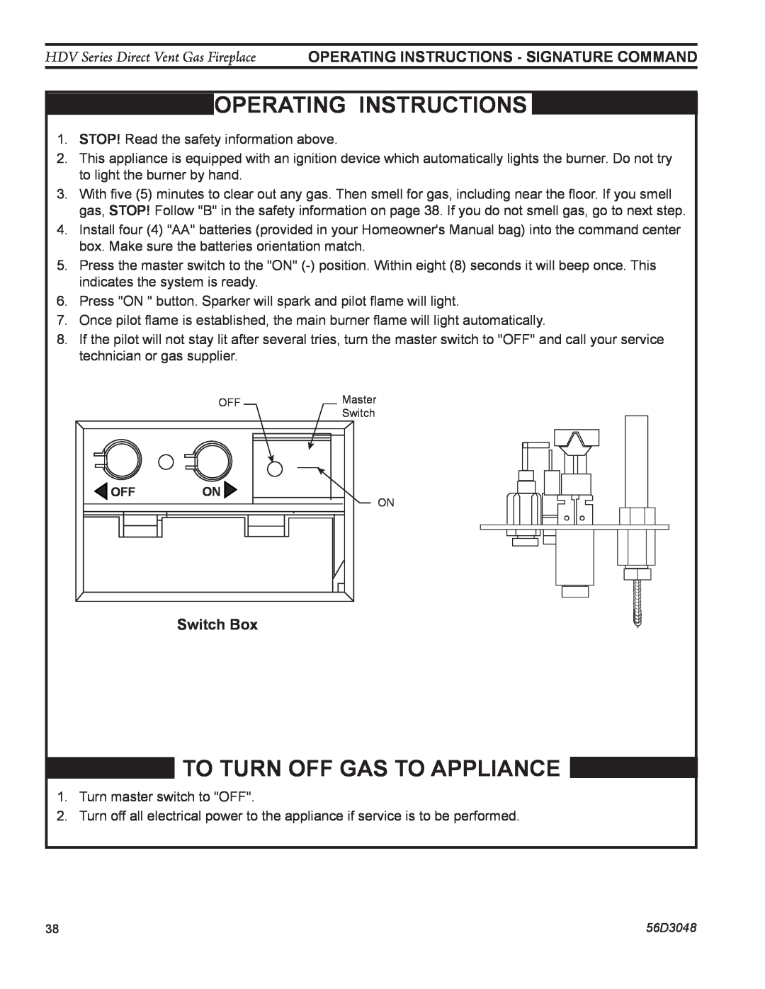 Monessen Hearth HDV500NV/PV manual OPERATing INSTRUCTIONS, To Turn Off Gas To Appliance, Switch Box 