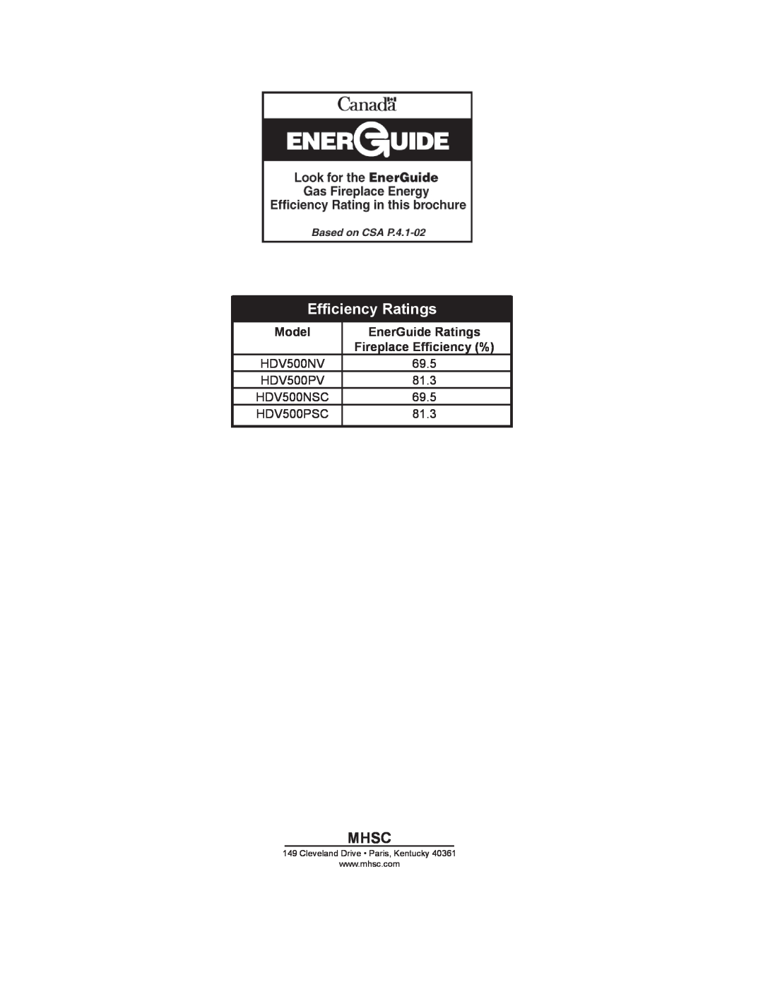 Monessen Hearth HDV500NV/PV manual Efficiency Ratings, Mhsc, Model, EnerGuide Ratings, Fireplace Efficiency % 