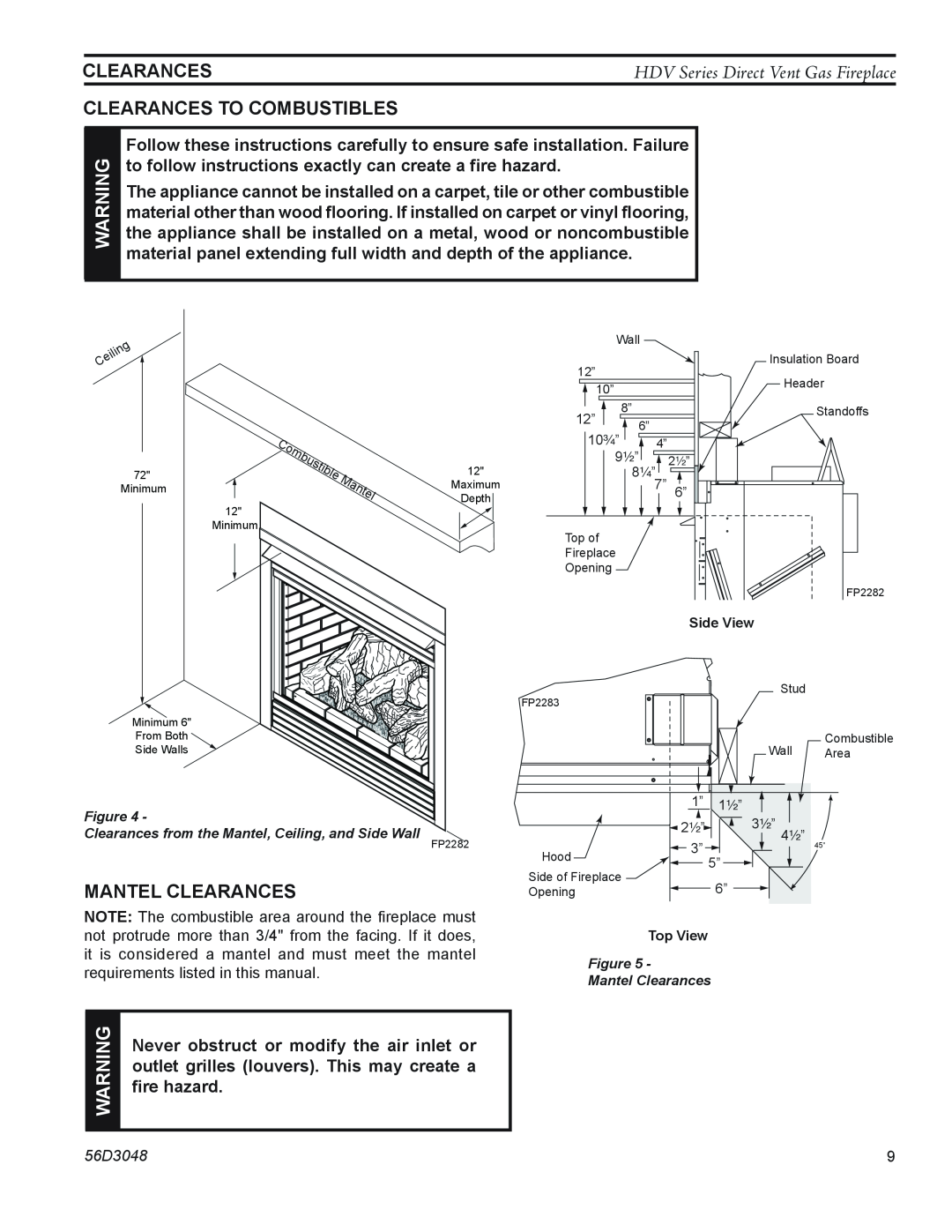 Monessen Hearth HDV500NV/PV manual Clearances to combustibles, mantel clearances 
