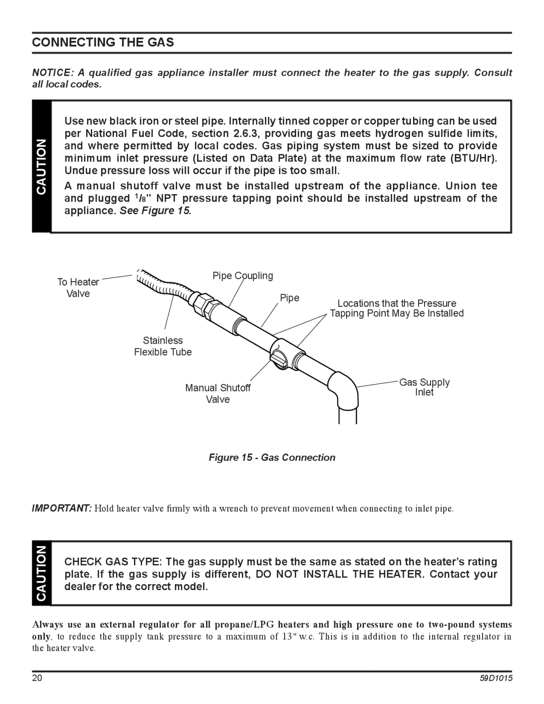 Monessen Hearth HVFL18 manual Connecting the GAS, Flexible Tube Manual Shutoff Gas Supply Inlet Valve 