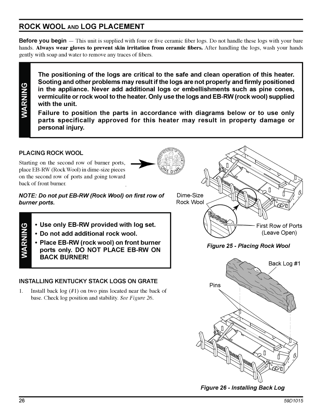 Monessen Hearth HVFL18 manual Rock Wool and LOG Placement, Back Burner, Placing Rock Wool 