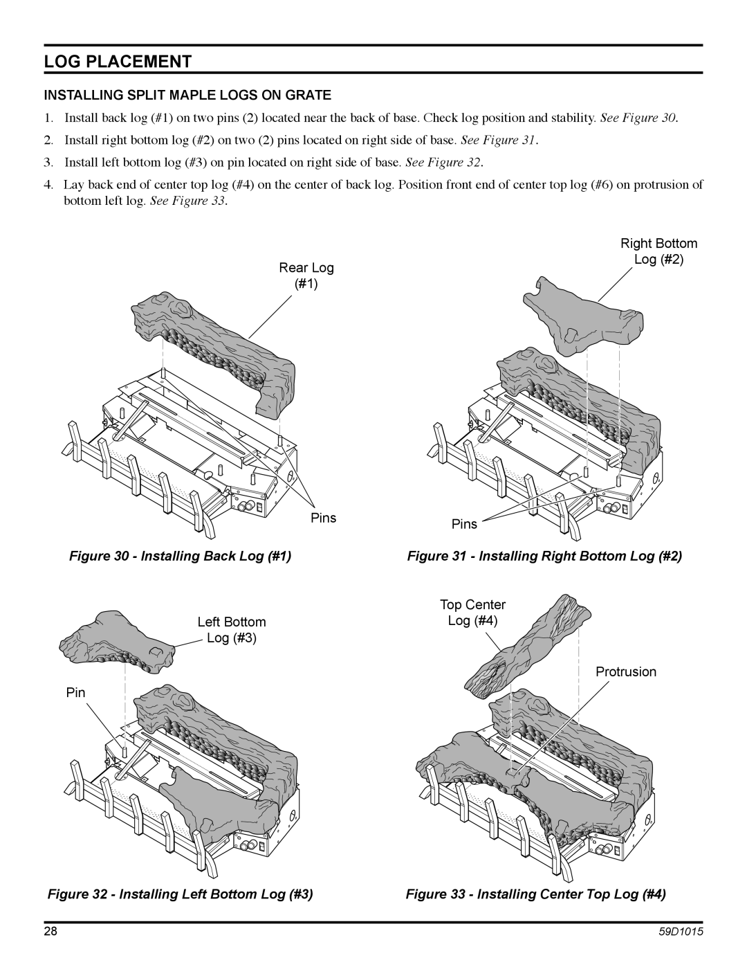 Monessen Hearth HVFL18 manual Installing Split Maple Logs on Grate, Installing Back Log #1 