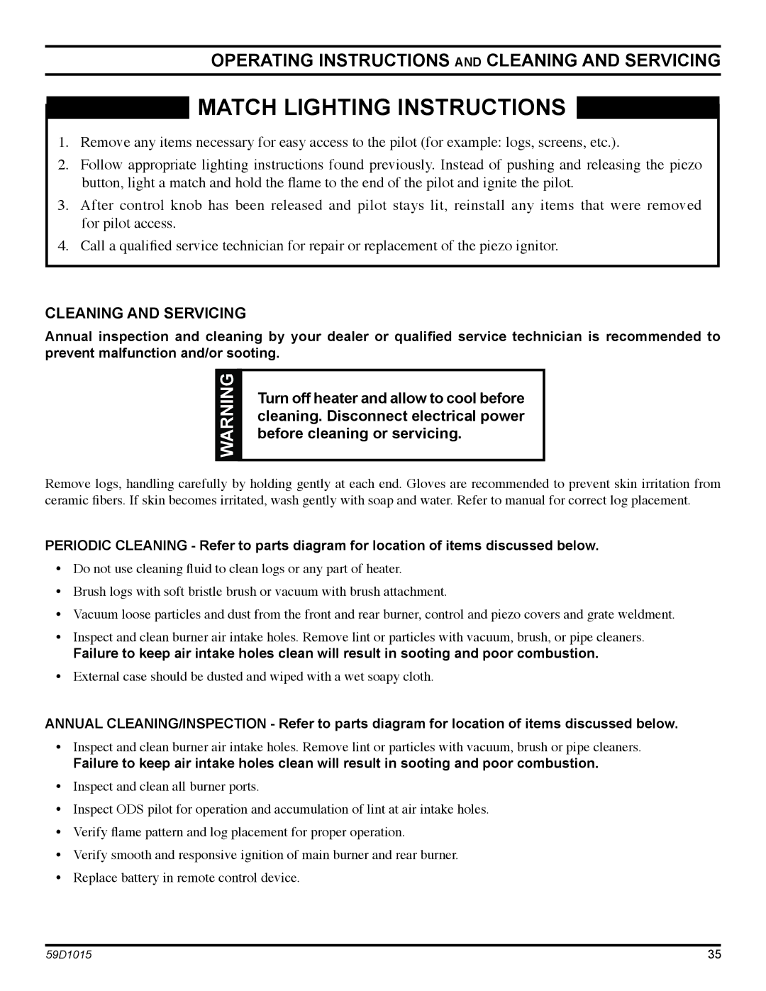 Monessen Hearth HVFL18 manual Operating Instructions and Cleaning and Servicing 