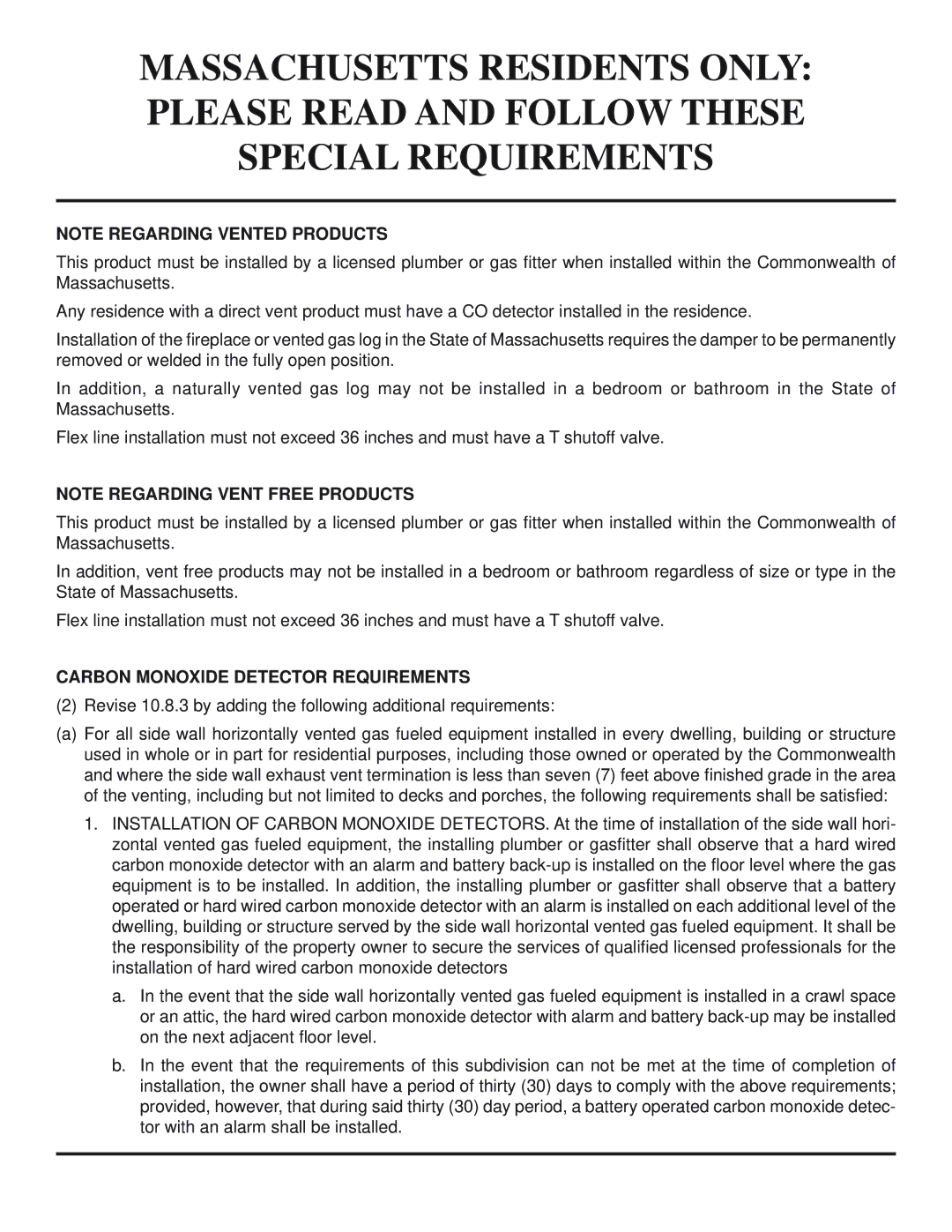 Monessen Hearth HVFL18 manual Carbon Monoxide Detector Requirements 