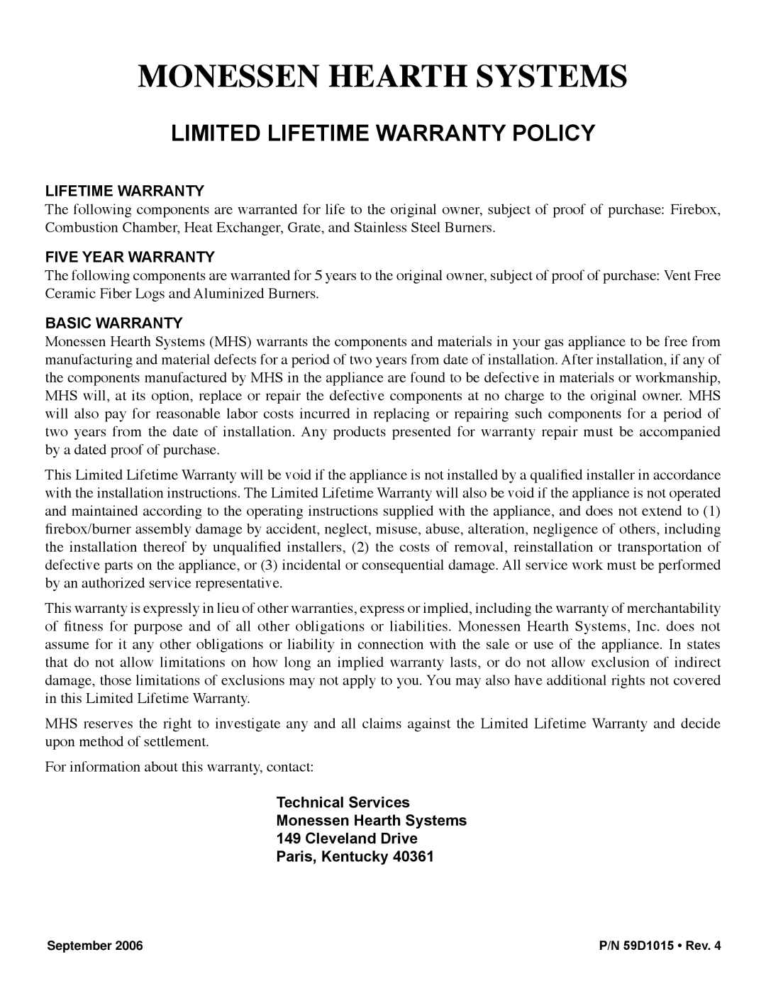 Monessen Hearth HVFL18 manual Lifetime Warranty, Five Year Warranty, Basic Warranty 