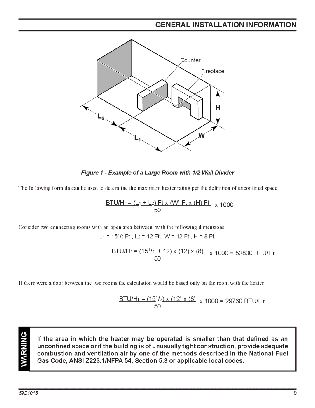 Monessen Hearth HVFL18 manual BTU/Hr = 151/2 x 12 x 8 x 1000 = 29760 BTU/Hr 