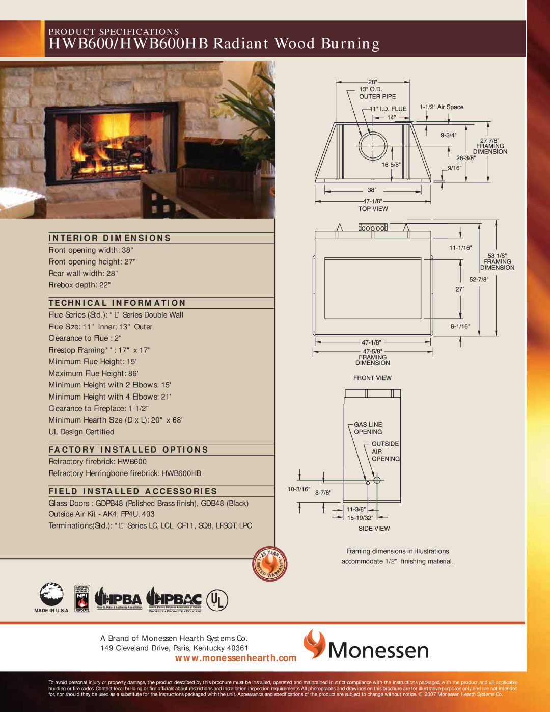 Monessen Hearth brochure HWB600/HWB600HB Radiant Wood Burning 