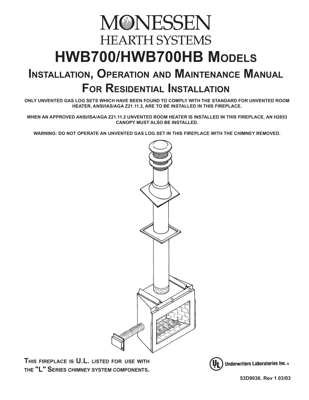 Monessen Hearth manual HWB700/HWB700HB Models 