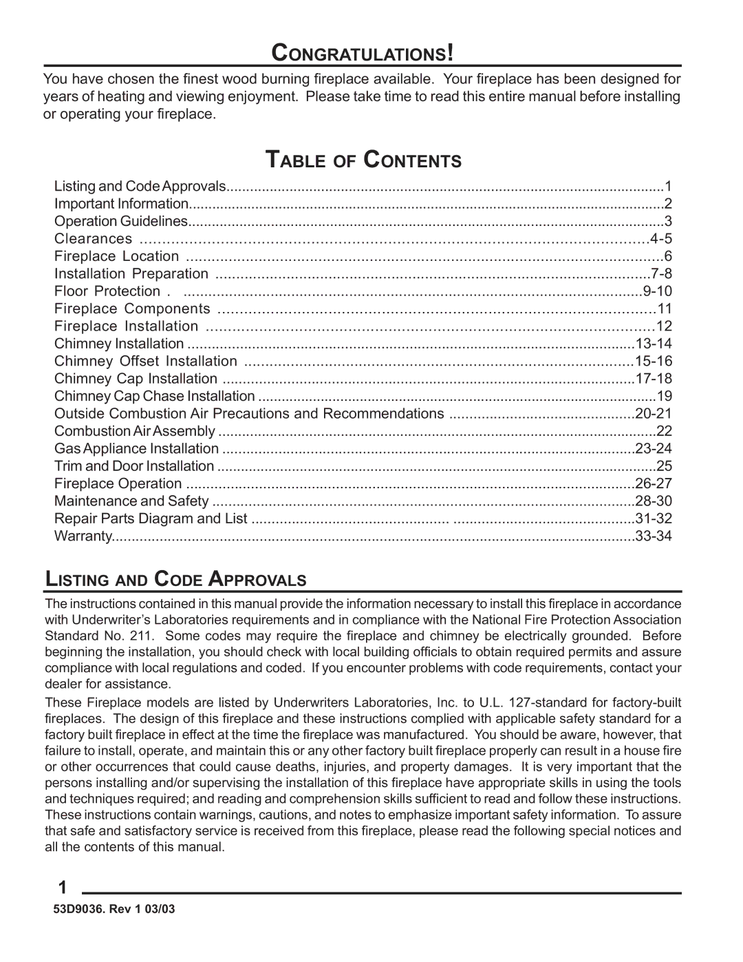 Monessen Hearth HWB700HB manual Congratulations, Table of Contents 