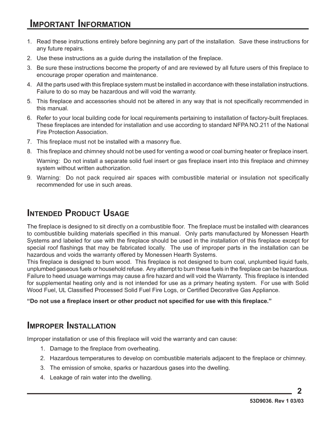 Monessen Hearth HWB700HB manual Important Information, Intended Product Usage 