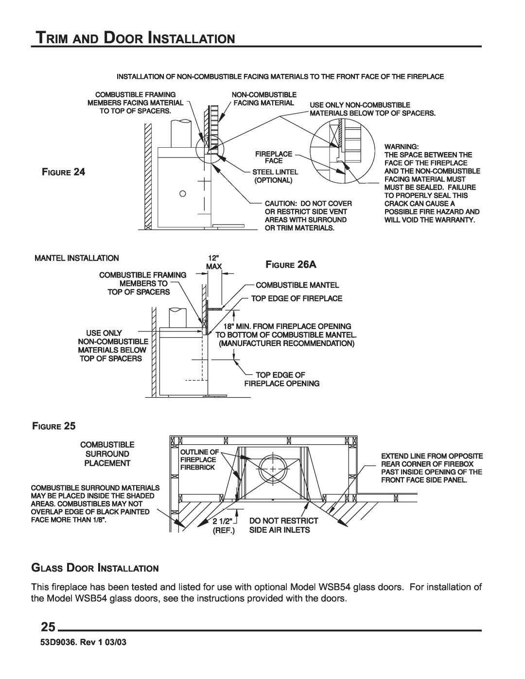 Monessen Hearth HWB700HB manual Trim And Door Installation, Glass Door Installation, 53D9036. Rev 1 03/03 