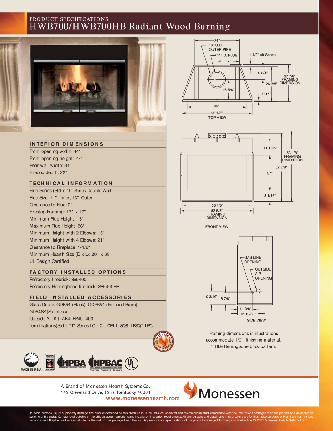 Monessen Hearth brochure HWB700/HWB700HB Radiant Wood Burning, Product Specifications 