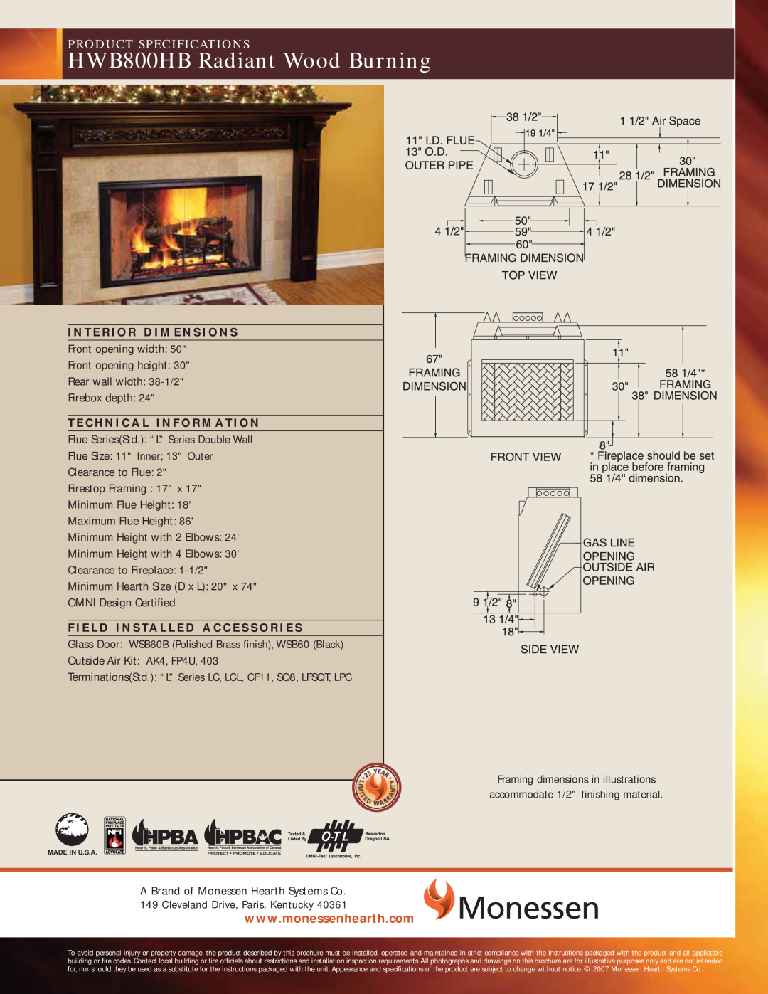Monessen Hearth brochure HWB800HB Radiant Wood Burning, Product Specifications 