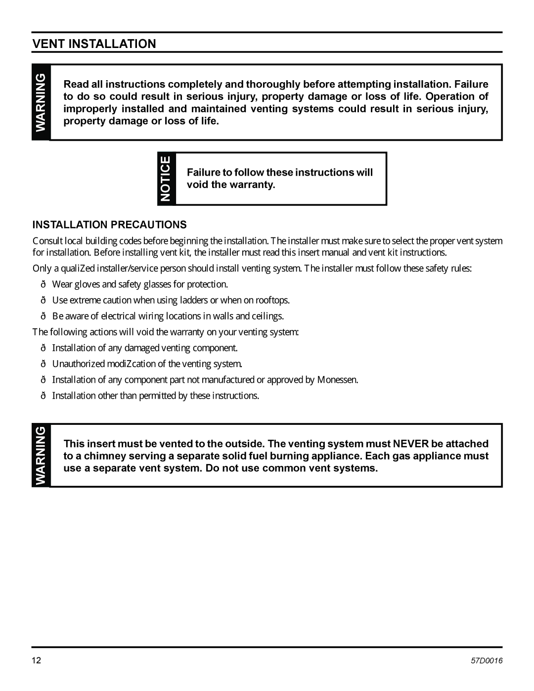 Monessen Hearth IDV490NVC, IDV490PVC, IDV380NVC, IDV380PVC manual Vent Installation, Installation Precautions 