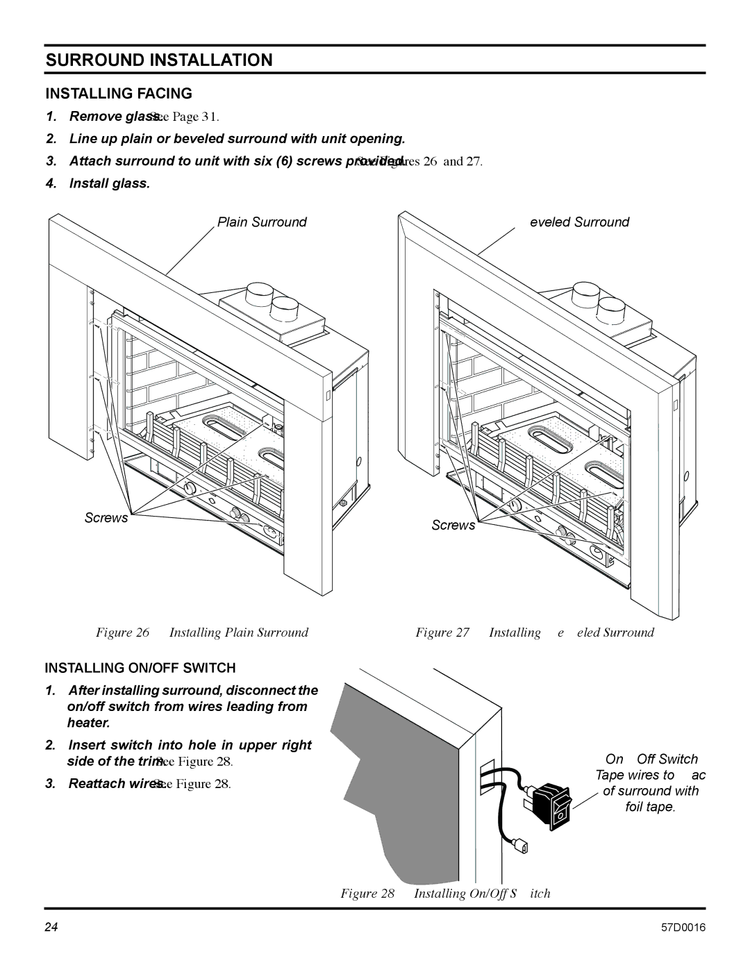 Monessen Hearth IDV490NVC, IDV490PVC, IDV380NVC manual Surround Installation, Installing Facing, Installing ON/OFF Switch 