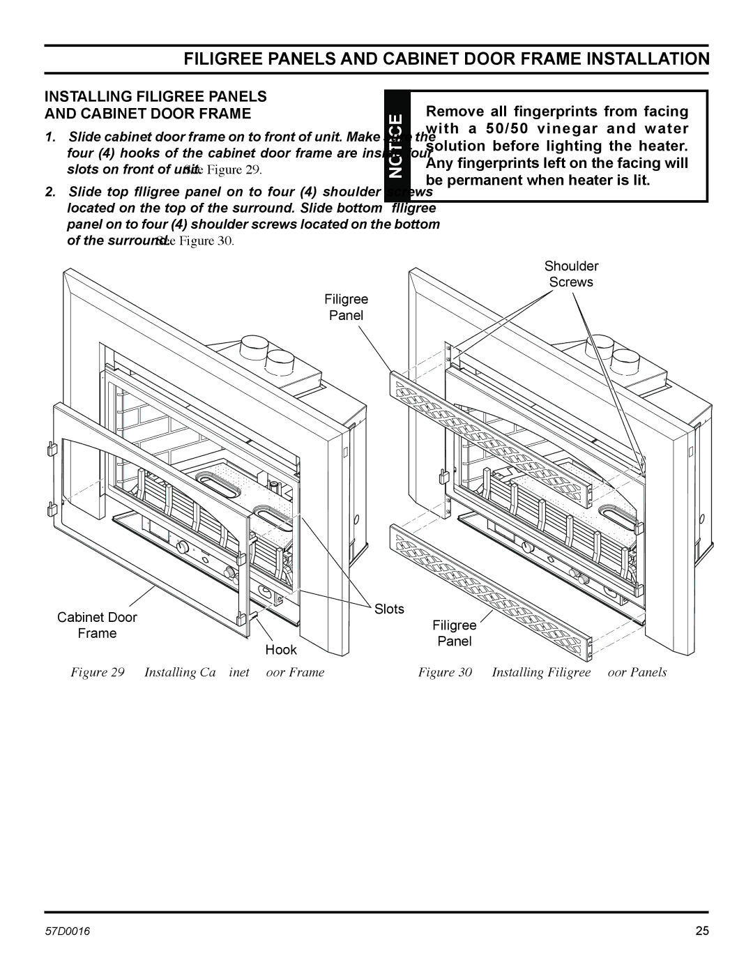 Monessen Hearth IDV490PVC, IDV490NVC, IDV380NVC, IDV380PVC manual Filigree Panels and Cabinet Door Frame Installation 