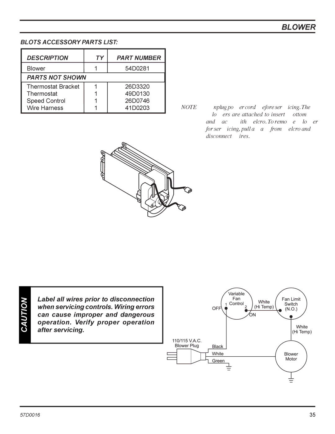 Monessen Hearth IDV380PVC, IDV490NVC manual Blower, Blots Accessory Parts List Description QTY Part Number, Parts not Shown 