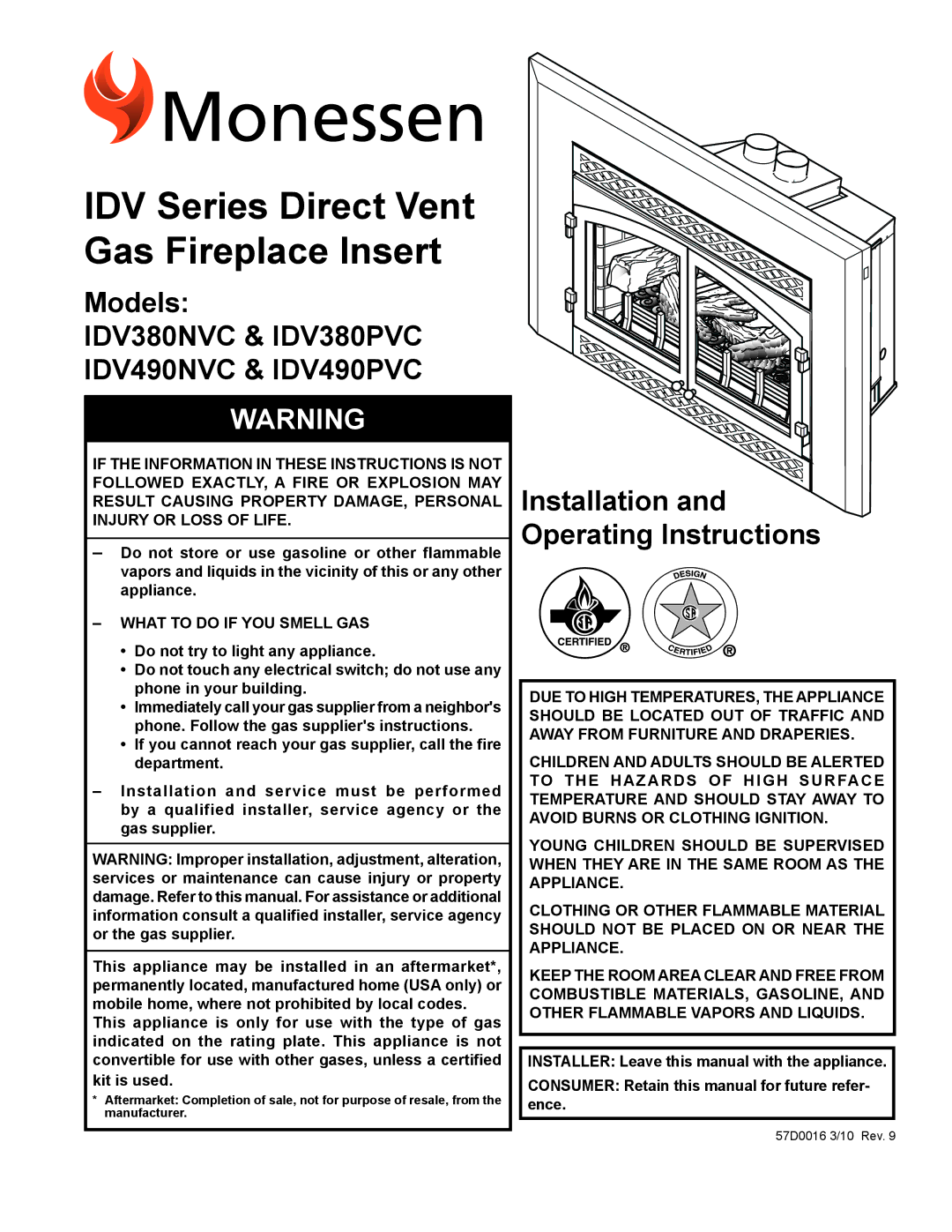 Monessen Hearth IDV490PVC, IDV490NVC, IDV380NVC, IDV380PVC manual IDV Series Direct Vent Gas Fireplace Insert 