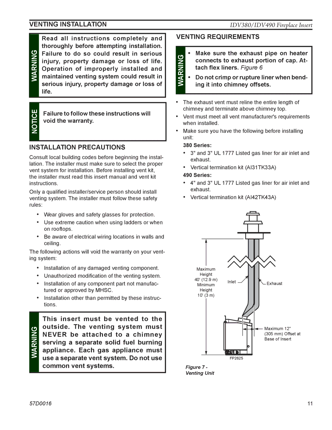 Monessen Hearth IDV380PVC, IDV490NVC, IDV490PVC, IDV380NVC manual Installation Precautions, Venting Requirements 