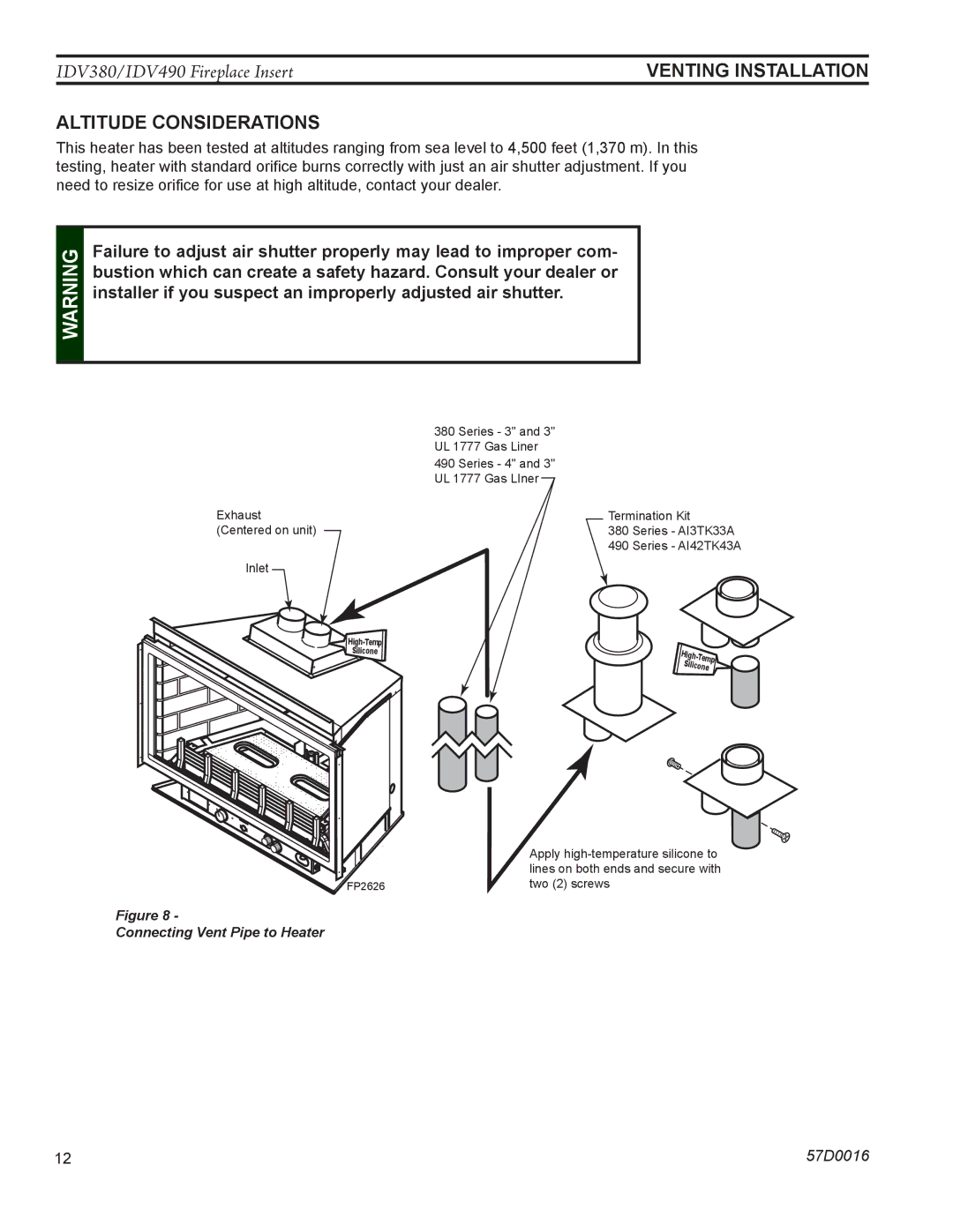 Monessen Hearth IDV490NVC, IDV490PVC, IDV380NVC, IDV380PVC manual Venting installation, Altitude Considerations 