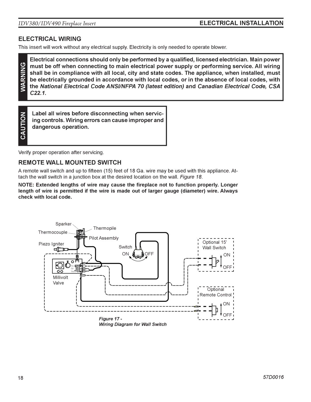 Monessen Hearth IDV380NVC, IDV490NVC, IDV490PVC, IDV380PVC manual Electrical Wiring, Remote Wall mounted Switch 