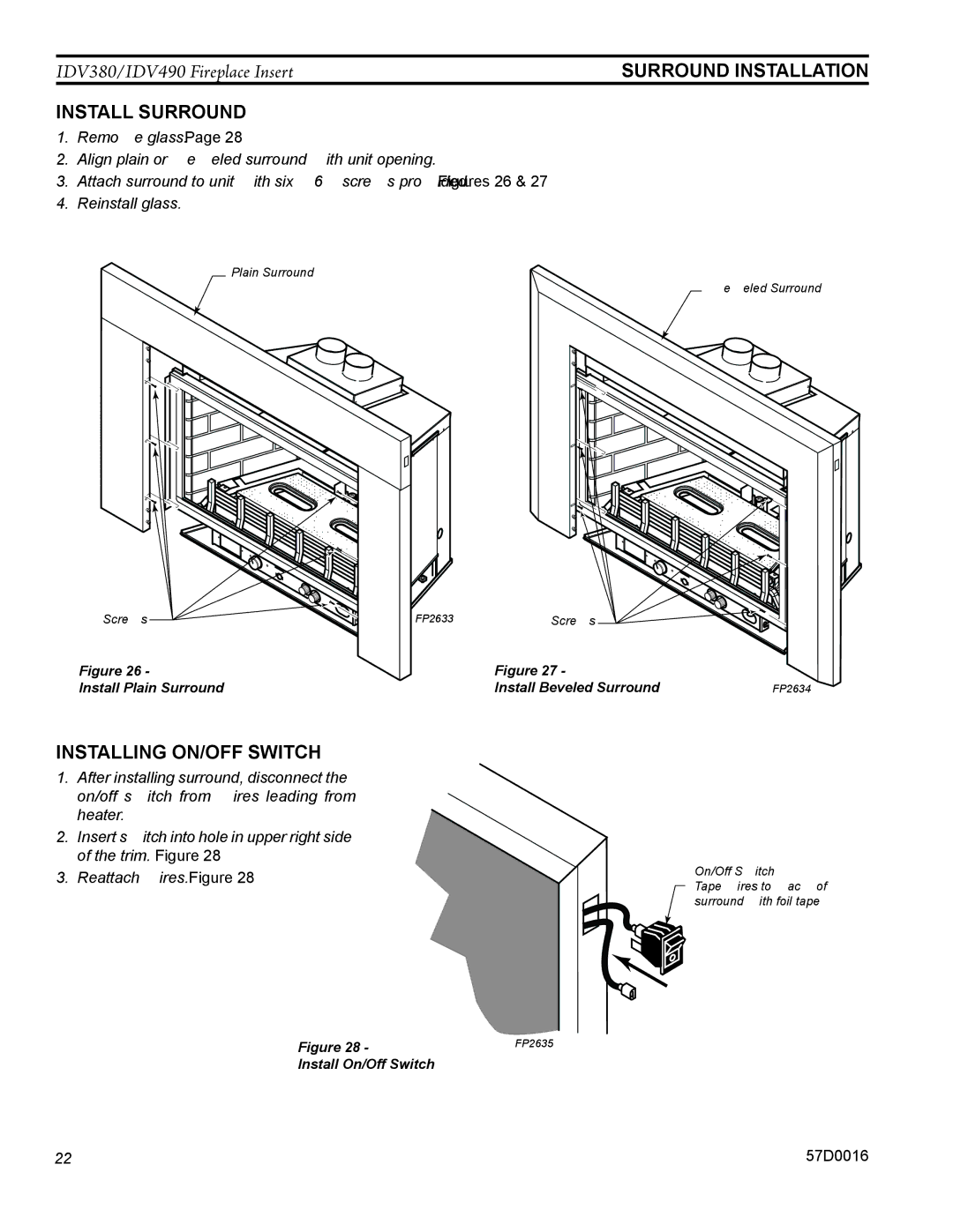 Monessen Hearth IDV380NVC, IDV490NVC, IDV490PVC, IDV380PVC Surround installation, Install Surround, Installing On/Off switch 