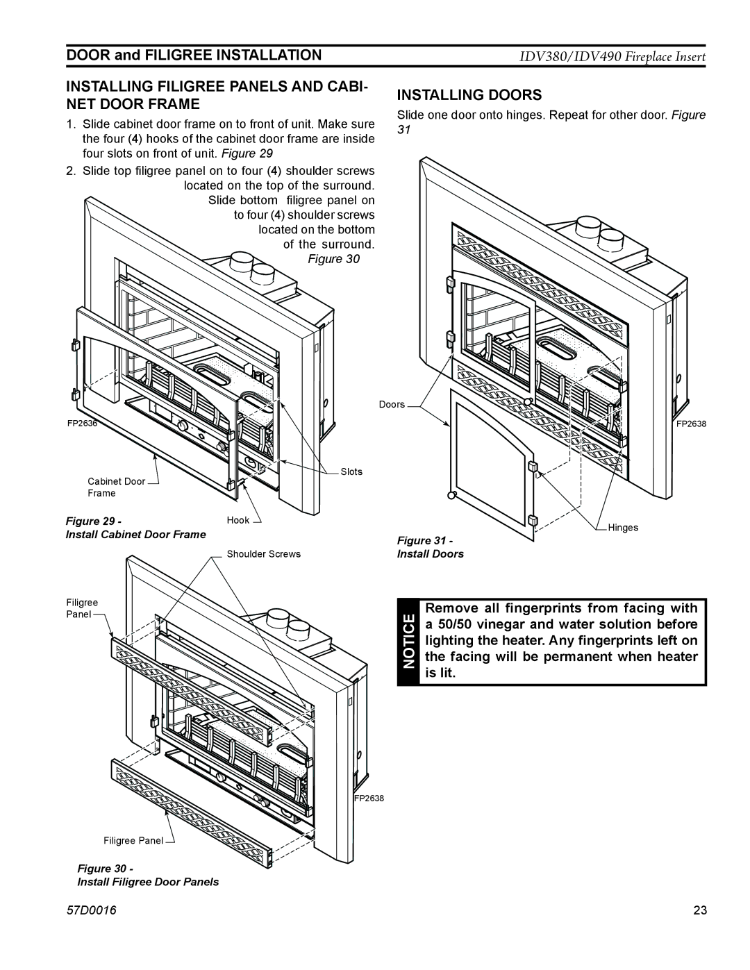 Monessen Hearth IDV380PVC, IDV490NVC Door and Filigree installation, Installing Filigree panels and cabi- net door frame 