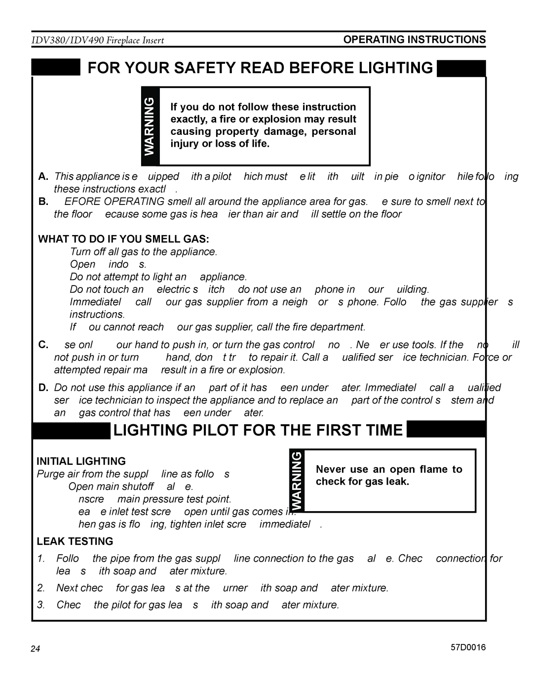 Monessen Hearth IDV490NVC What to do if YOU Smell GAS, Initial lighting, Never use an open flame to check for gas leak 