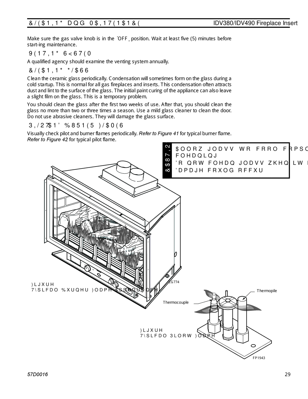 Monessen Hearth IDV490PVC, IDV490NVC Cleaning and Maintenance, Venting system, Cleaning glass, Pilot and burner flames 