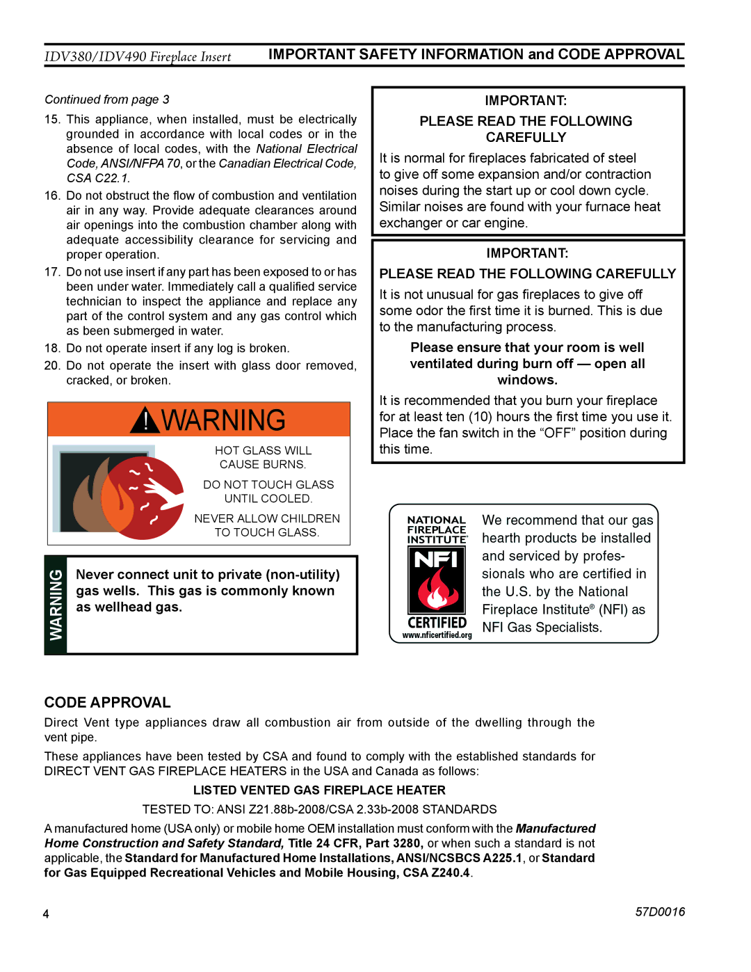 Monessen Hearth IDV490NVC, IDV490PVC, IDV380NVC, IDV380PVC Important Safety Information and code approval, Code Approval 