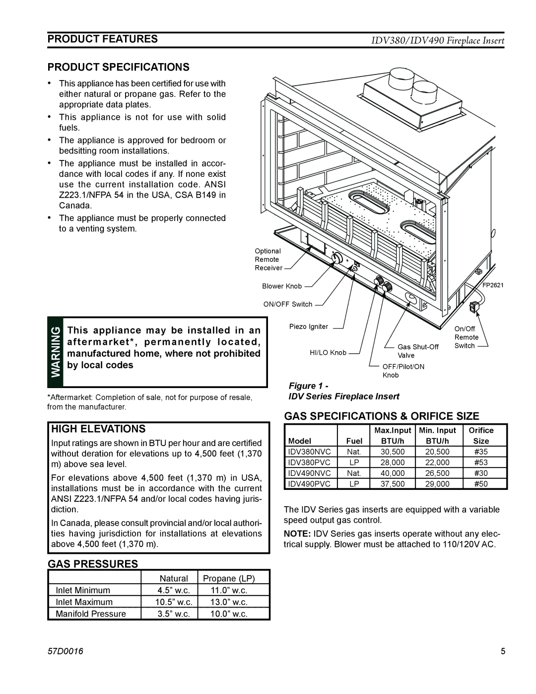 Monessen Hearth IDV490PVC, IDV490NVC, IDV380NVC Product features, Product Specifications, High Elevations, GAS pressures 