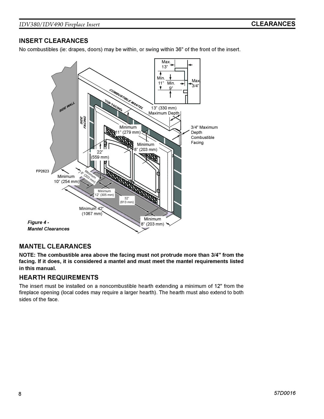 Monessen Hearth IDV490NVC, IDV490PVC, IDV380NVC, IDV380PVC manual Mantel Clearances Hearth Requirements 