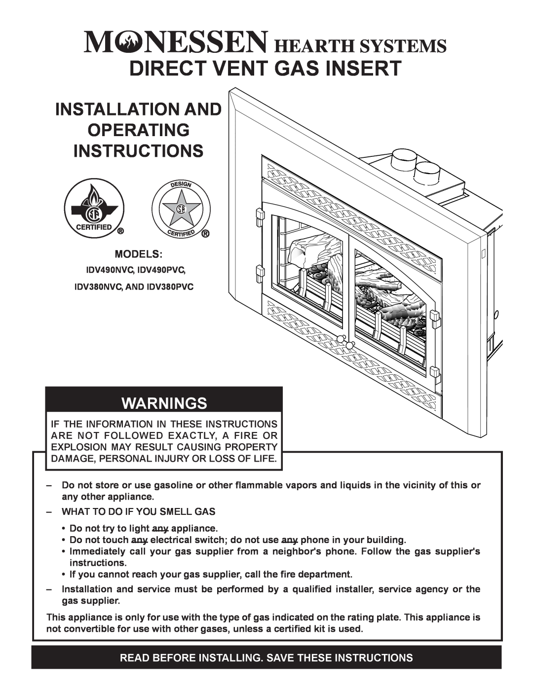 Monessen Hearth IDV490PVC manual Models, Direct Vent Gas Insert, Installation And Operating Instructions, Warnings 