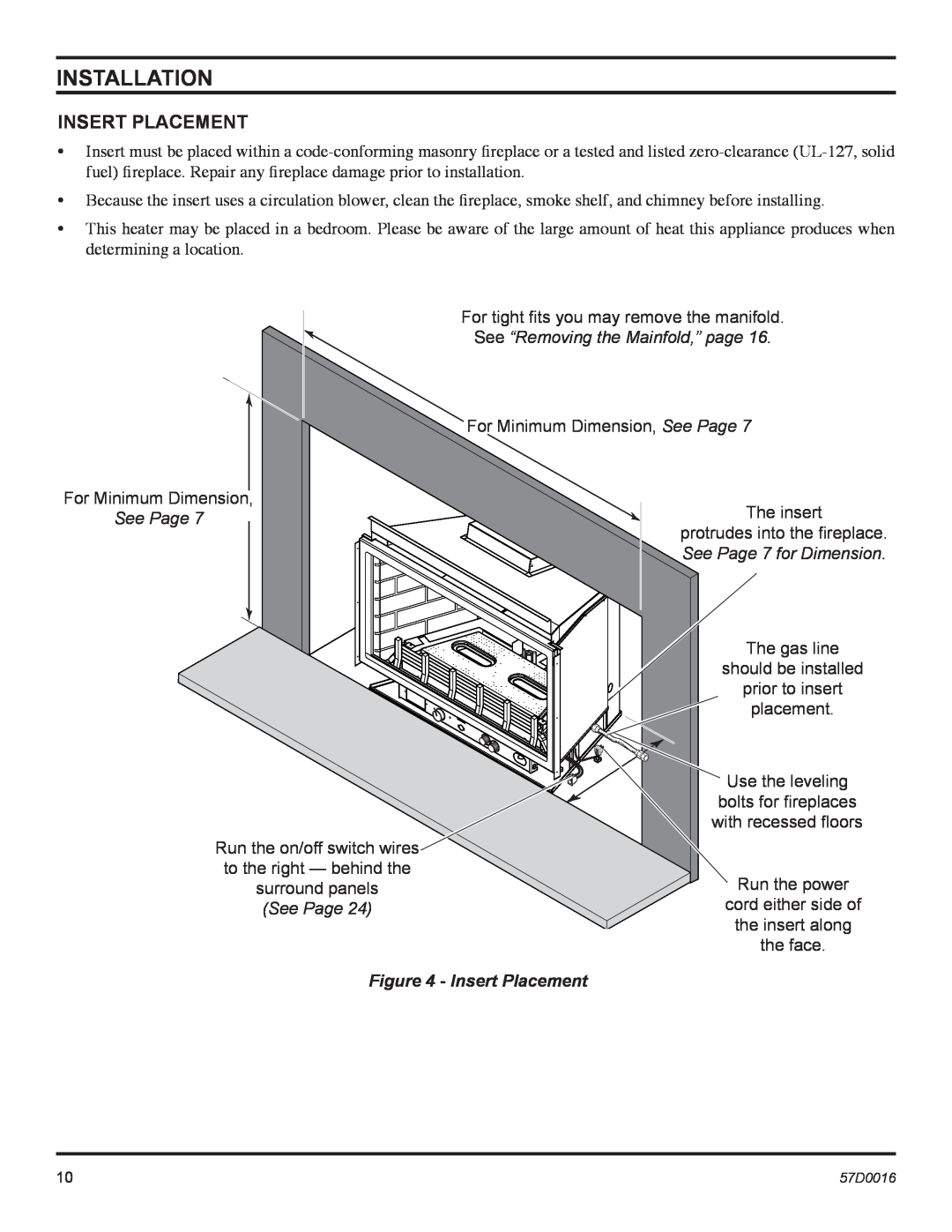 Monessen Hearth IDV380NVC, IDV490NVC, IDV490PVC Insert Placement, Installation, See “Removing the Mainfold,” page, See Page 