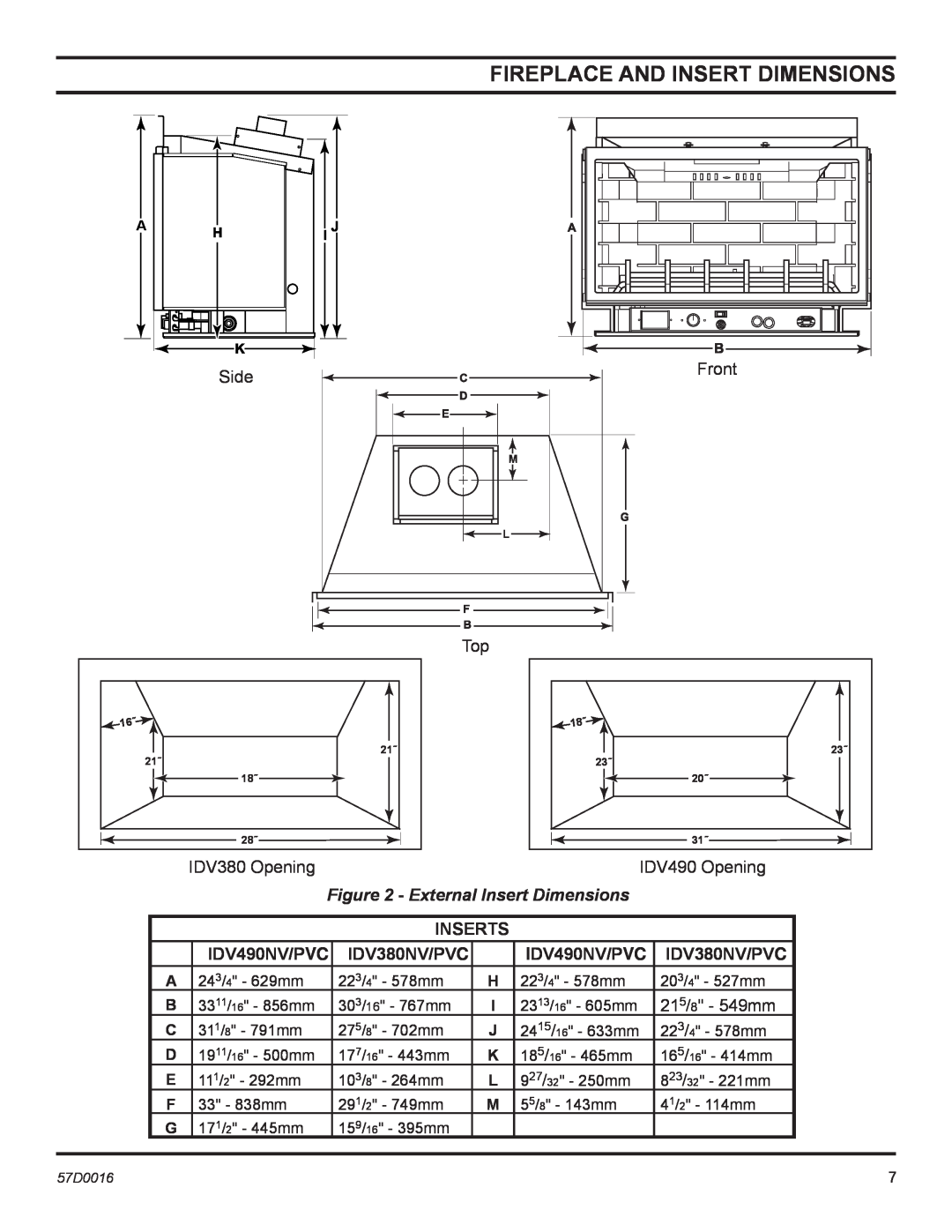 Monessen Hearth IDV380PVC Fireplace And Insert Dimensions, External Insert Dimensions, Inserts, IDV490NV/PVC, IDV380NV/PVC 
