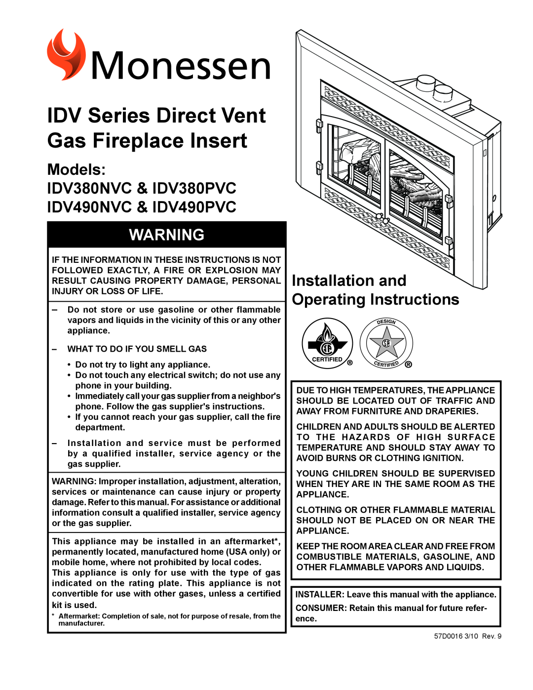 Monessen Hearth manual Models, iDV380NVC & iDV380PVC IDV490NVC & IDV490PVC, Installation and Operating Instructions 