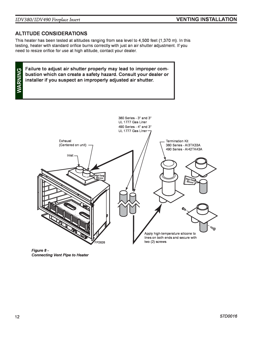 Monessen Hearth IDV490NVC manual venting installation, Altitude Considerations, IDV380/IDV490 Fireplace Insert, 57D0016 