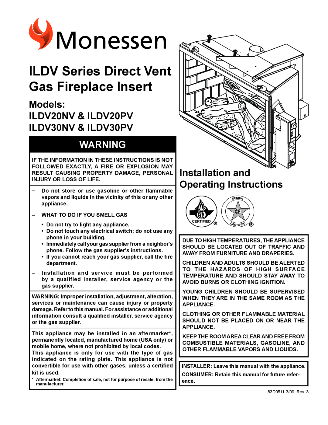 Monessen Hearth ILDV30NV, ILDV20NV manual Ildv Series Direct Vent Gas Fireplace Insert, What to do if YOU Smell GAS 